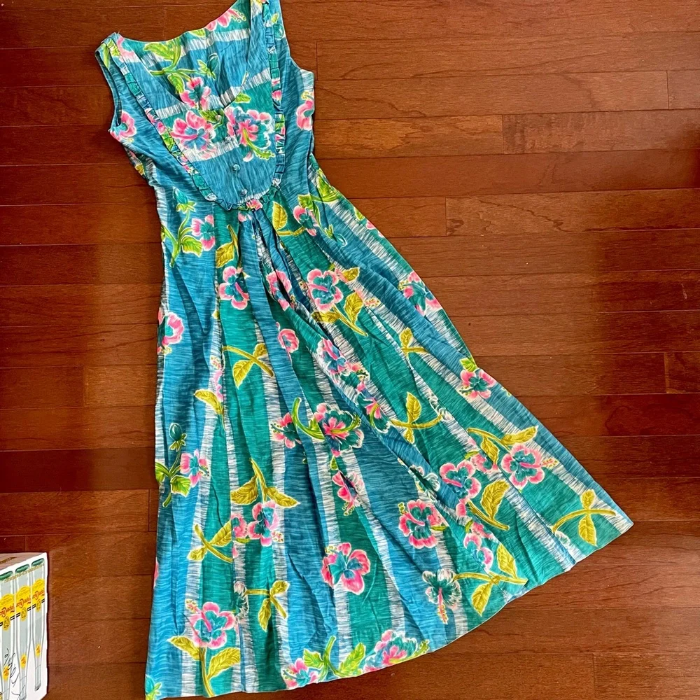 Vintage 60’s 70’s Blue Hawaiian maxi dress size Small hibiscus print tropical - Picture 3 of 10